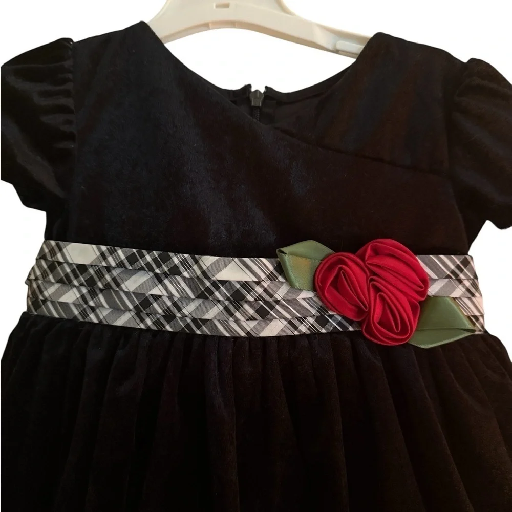 Bonnie Baby Black Velvet Holiday Dress – Size 18M Plaid Sash & Rose